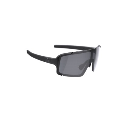Sportsbrille (solbrille) fra BBB model Chester. fullframe, men med rammeløst udseende. Sort grilamid stel og 9-lags MLC røgfarvet linse
