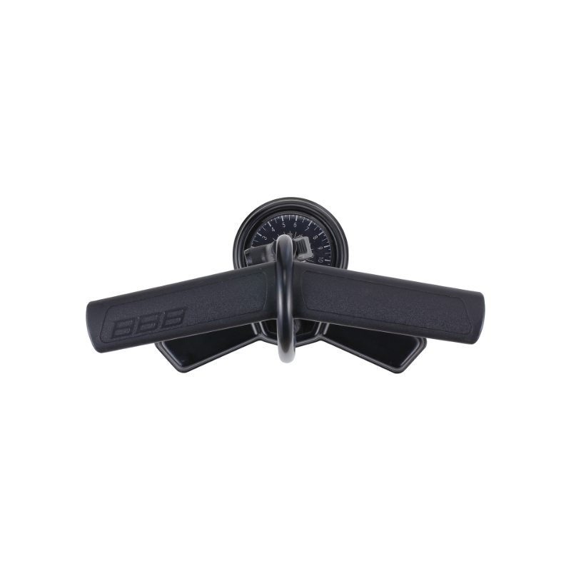 Fodpumpe (sort) BBB AirBoost 2.0 med nyt og forbedret pumpehoved. Tryk op til  11 bar/160 psi . Pumpen har manometer.