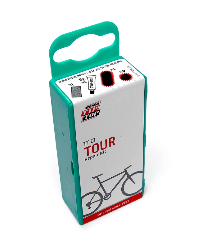 Reparationsæske fra Rema Tip Top. 3g lim, 5 lapper, sandpapir & ventilgummi TT01.