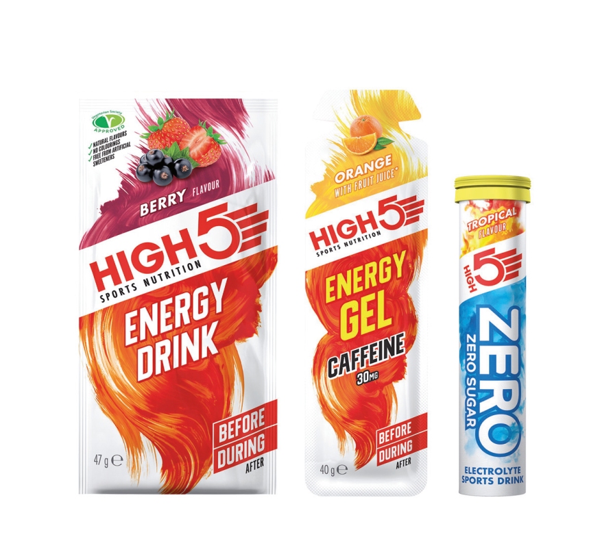 H5 750 ml. flaske med indhold: 1 x Energy drink Berry (47gr.), 1 x Zero tropical (rør med 10 stk.) 1 x EnergyGel orange m. koffein