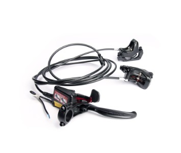 TEKTRO Auriga Twin+ hydraulisk bremsesæt  Til cargocykler. 4 stempler., Plug in, 4-finger bremsegreb (højre). Passer til 2,3 mm skiver