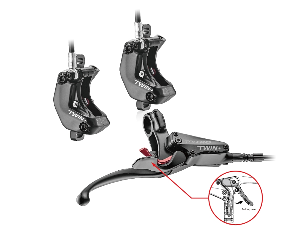 TEKTRO Auriga Twin+ hydraulisk bremsesæt  Til cargocykler. 4 stempler., Plug in, 4-finger bremsegreb (højre). Passer til 2,3 mm skiver