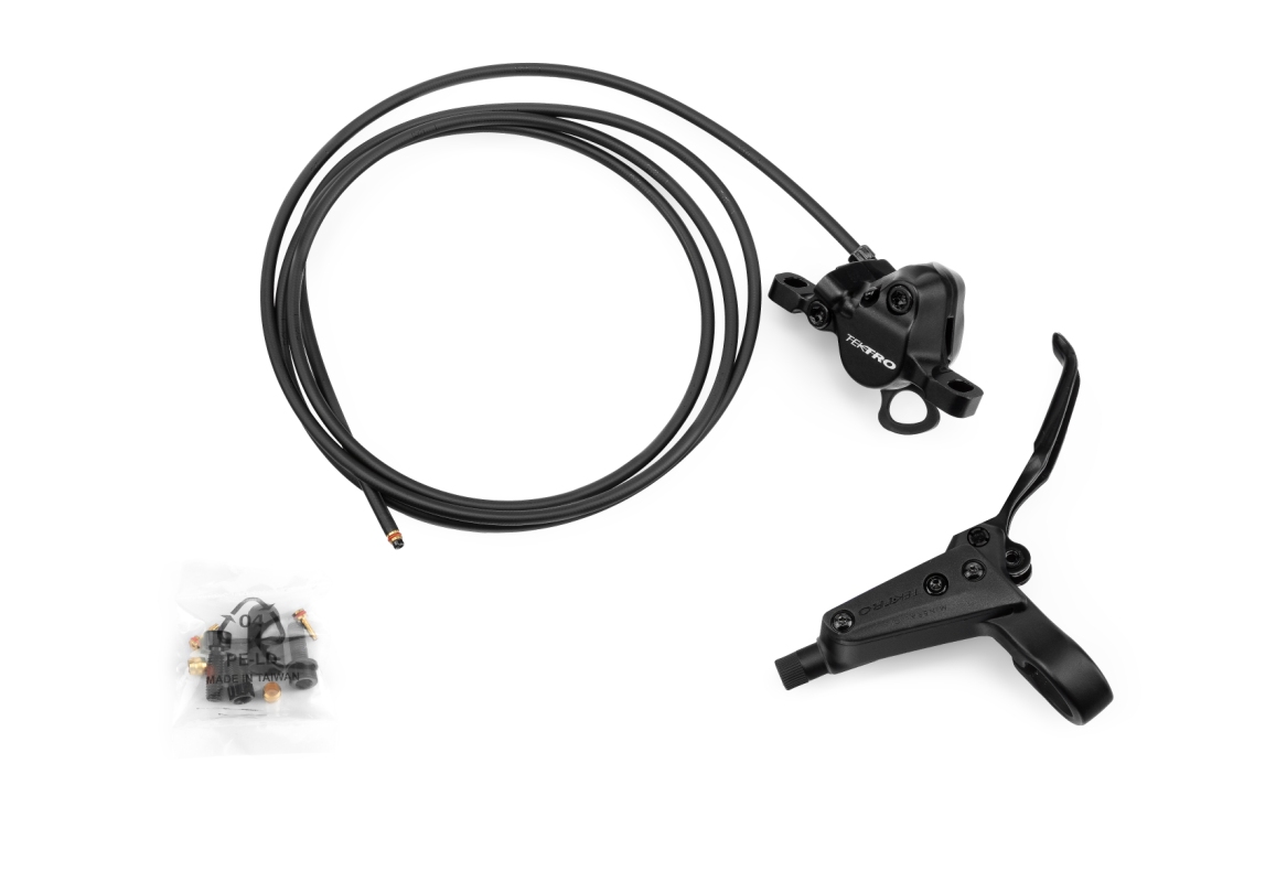 Hydraulisk bagbremse (sort) EZ fra Tektro. Ø5x1900mm bremseslang, EZ plug. Højre greb (2-finger) med reach.