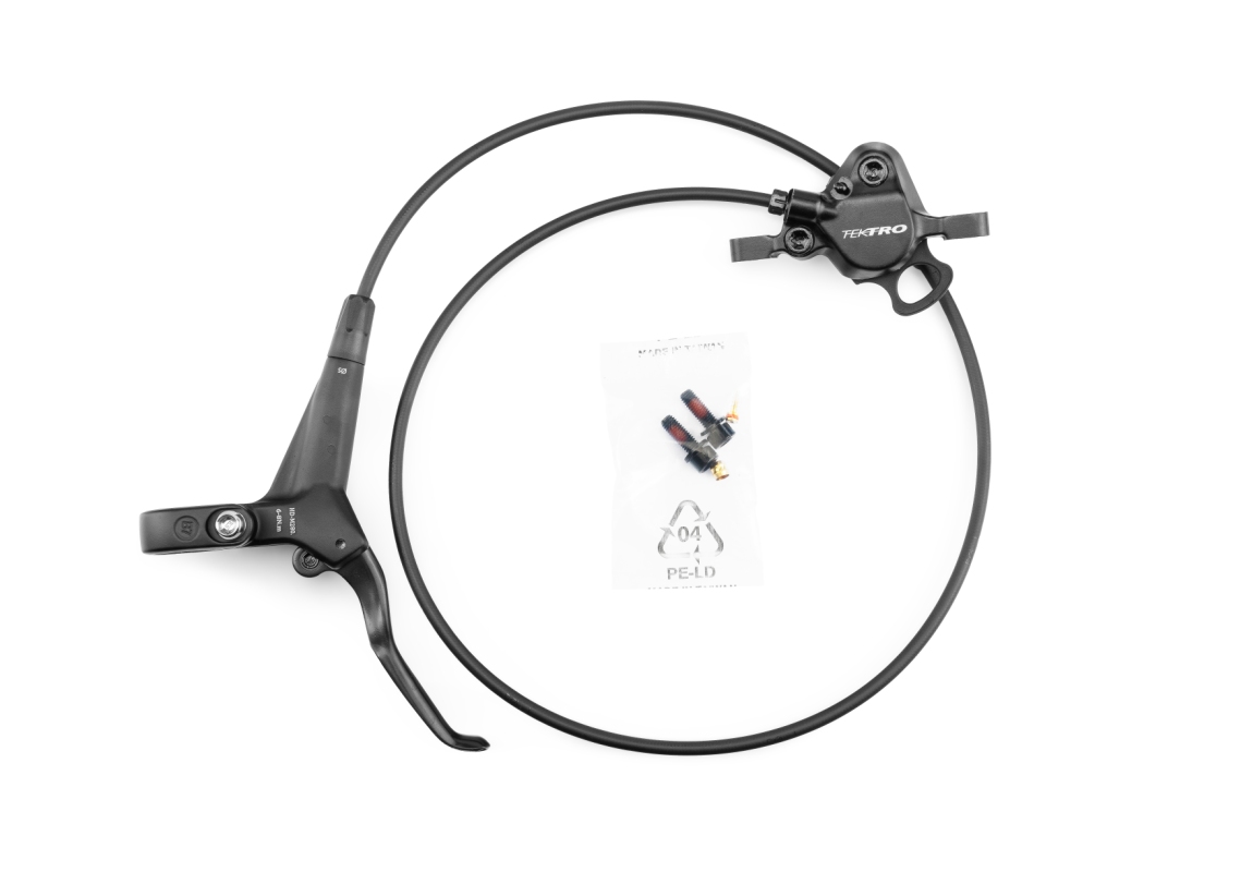 Hydraulisk forbremse (sort) fra Tektro. Ø5x850mm bremseslang, leveres samlet. Venstre greb (2-finger) med reach.
