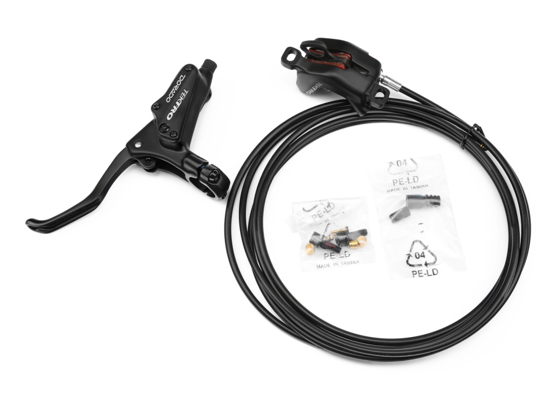 Hydraulisk bremsesæt fra Tektro til 2,3 mm rotor. Ø5,5mm & 3200 mm lang bremseslange. 4-stemplet kaliber & 3-finger greb (venstre) med reach.