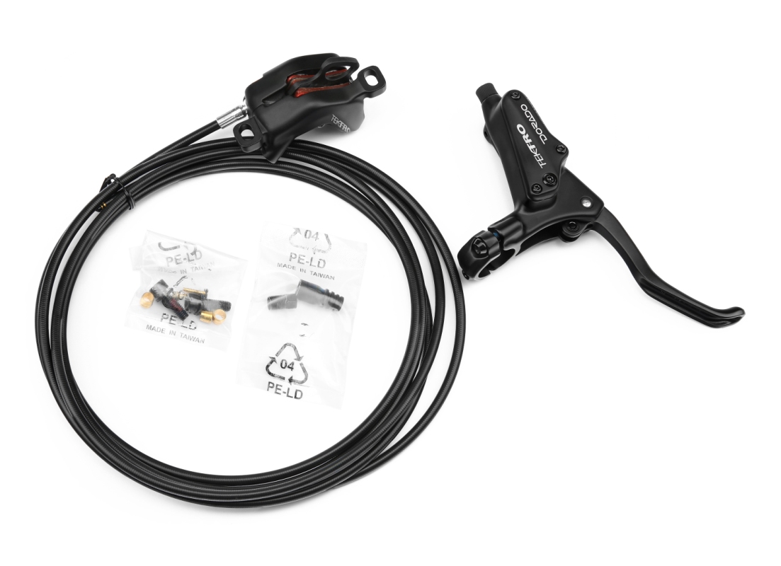 Hydraulisk bremsesæt fra Tektro til 2,3 mm rotor. Ø5,5mm & 3200 mm lang bremseslange. 4-stemplet kaliber & 3-finger greb (højre) med reach.