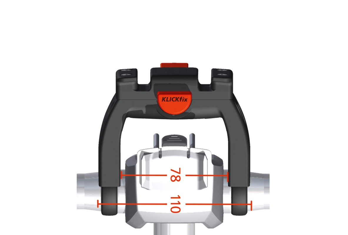 Styradapter KLICKFIX E-bike max. belastning 7 kg, incl. 22-26 & 31,8 mm  bøjler. 78mm indv.-110mm udv.