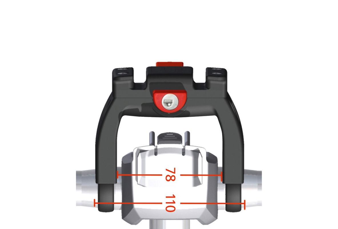 Styradapter m/lås  KLICKFIX E-bike max. belastning 7 kg, incl. 22-26 & 31,8 mm  bøjler. 78mm indv.-110mm udv.