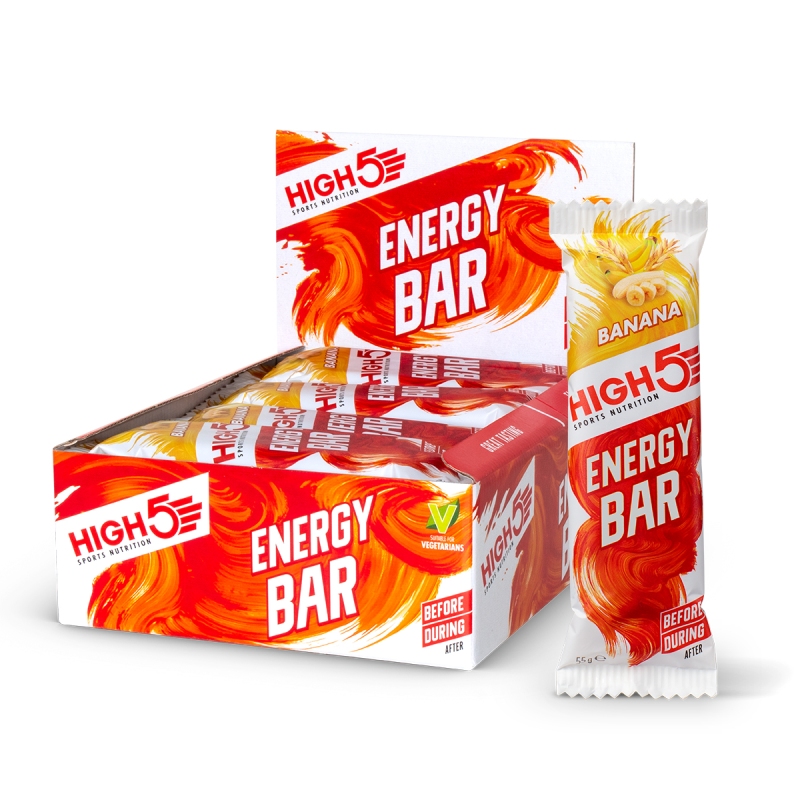 High5 energibar med smag af banan, vægt: 55 g. Kasse med 12 stk.