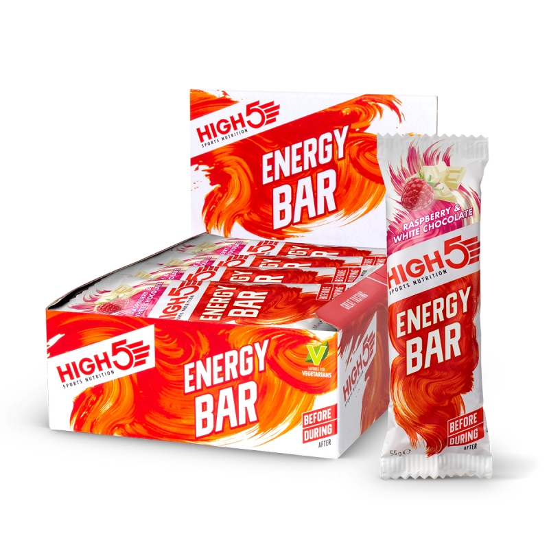 High5 energibar med smag af hindbær og hvid chokolade, vægt: 55 g. Kasse med 12 stk.