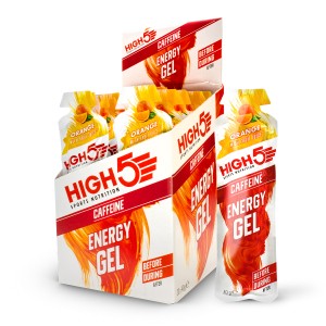 High5 Energy Gel Plus med orange smag. 20 x 40 g (32 ml). Energy Gel med koffein.