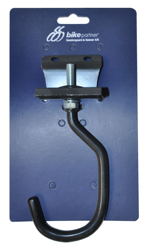 Krog fra Bikepartner til vægophæng af cykel. Gummibelagt krog der også nemt kan monteres på en slatwall. Skruer og rawplugs medfølger ikke.